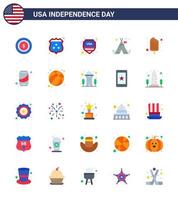 Pack of 25 USA Independence Day Celebration Flats Signs and 4th July Symbols such as food cold shield american tent Editable USA Day Vector Design Elements