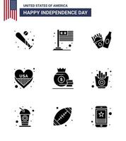 4th July USA Happy Independence Day Icon Symbols Group of 9 Modern Solid Glyphs of bag usa usa love american Editable USA Day Vector Design Elements