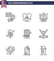 Happy Independence Day USA Pack of 9 Creative Lines of star ice cream american food cold Editable USA Day Vector Design Elements