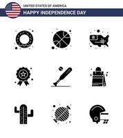 Set of 9 Vector Solid Glyphs on 4th July USA Independence Day such as bat ball states medal independece Editable USA Day Vector Design Elements