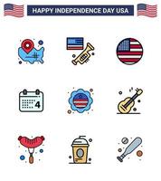 Set of 9 Vector Flat Filled Lines on 4th July USA Independence Day such as country date american day usa Editable USA Day Vector Design Elements