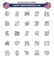 Set of 25 Modern Lines pack on USA Independence Day landmark american saloon food french fries Editable USA Day Vector Design Elements