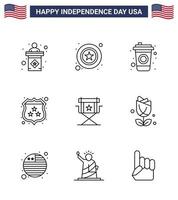 conjunto de 9 iconos del día de estados unidos símbolos americanos signos del día de la independencia para películas silla botella seguridad policial elementos de diseño de vectores del día de estados unidos editables