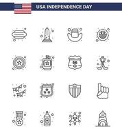 4th July USA Happy Independence Day Icon Symbols Group of 16 Modern Lines of star flag washington badge american Editable USA Day Vector Design Elements