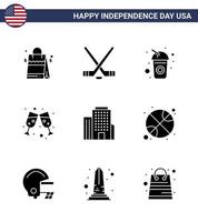 conjunto de 9 glifos sólidos vectoriales el 4 de julio, día de la independencia de estados unidos, como la botella de construcción americana, copa de vino, cerveza, elementos de diseño vectorial editables del día de estados unidos vector