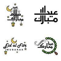 feliz de eid paquete de 4 tarjetas de felicitación de eid mubarak con estrellas brillantes en el festival de la comunidad musulmana de caligrafía árabe vector