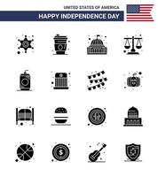 Big Pack of 16 USA Happy Independence Day USA Vector Solid Glyphs and Editable Symbols of bottle law place justice white Editable USA Day Vector Design Elements