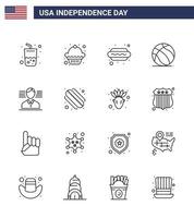 conjunto moderno de 16 líneas y símbolos en el día de la independencia de estados unidos, como el hombre de la bandera, el perro, la bola de estados unidos, los elementos de diseño vectorial del día de estados unidos editables vector