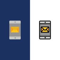 aplicación móvil aplicación móvil iconos de correo plano y lleno de línea conjunto de iconos vector fondo azul