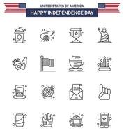 USA Independence Day Line Set of 16 USA Pictograms of statue liberty weapon landmarks star Editable USA Day Vector Design Elements