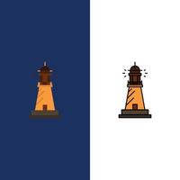 Lighthouse House Light Beach Ocean  Icons Flat and Line Filled Icon Set Vector Blue Background
