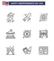 Big Pack of 9 USA Happy Independence Day USA Vector Lines and Editable Symbols of american bank sports badge celebration Editable USA Day Vector Design Elements