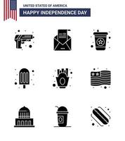 Set of 9 Modern Solid Glyphs pack on USA Independence Day fries chips mail ice cream cream Editable USA Day Vector Design Elements