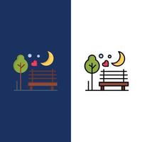 noche luna romance parque romántico iconos planos y llenos de línea conjunto de iconos vector fondo azul