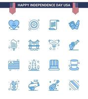 Set of 16 Vector Blues on 4th July USA Independence Day such as food cold file american bottle Editable USA Day Vector Design Elements