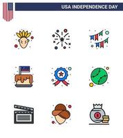 9 signos de línea plana llena de estados unidos símbolos de celebración del día de la independencia de empavesados de fiesta de insignia festival de independencia elementos de diseño de vector de día de estados unidos editables