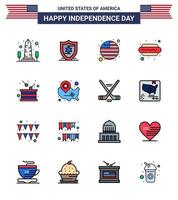 Pack of 16 USA Independence Day Celebration Flat Filled Lines Signs and 4th July Symbols such as holiday day country hot i dog Editable USA Day Vector Design Elements