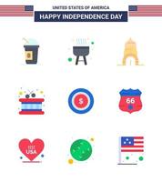 Flat Pack of 9 USA Independence Day Symbols of shield maony building dollar sticks Editable USA Day Vector Design Elements