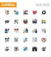 iconos de conciencia de coronavirus 25 icono de línea llena de color plano relacionado con la gripe del virus de la corona, como el cuidado del corazón, latido de la pandemia del corazón, coronavirus viral médico 2019nov, elementos de diseño del vector de enfermedad