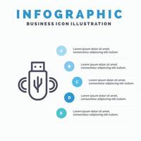 Usb Share Data Storage Blue Infographics Template 5 Steps Vector Line Icon template