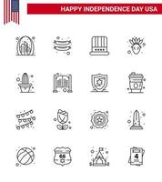 USA Happy Independence DayPictogram Set of 16 Simple Lines of plant cactus hat thanksgiving american Editable USA Day Vector Design Elements