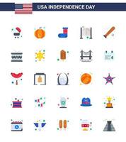 Pack of 25 USA Independence Day Celebration Flats Signs and 4th July Symbols such as bat ball festivity entrance saloon Editable USA Day Vector Design Elements