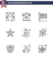 USA Independence Day Line Set of 9 USA Pictograms of juice alcohol states usa police Editable USA Day Vector Design Elements