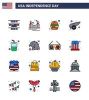 USA Happy Independence DayPictogram Set of 16 Simple Flat Filled Lines of drink weapon burger war army Editable USA Day Vector Design Elements