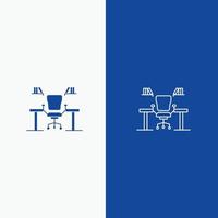 Table Business Chair Computer Desk Office Workplace Line and Glyph Solid icon Blue banner Line and Glyph Solid icon Blue banner vector