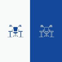 Table Business Chair Computer Desk Office Workplace Line and Glyph Solid icon Blue banner Line and Glyph Solid icon Blue banner vector