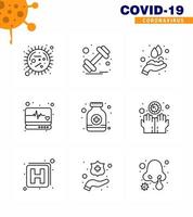 Coronavirus Precaution Tips icon for healthcare guidelines presentation 9 Line icon pack such as pills supervision sports medical washing viral coronavirus 2019nov disease Vector Design Elements