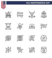 conjunto de líneas del día de la independencia de estados unidos de 16 pictogramas de estados unidos de american scroll hokey church elementos de diseño de vector de día de estados unidos editables estadounidenses