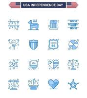 16 USA Blue Pack of Independence Day Signs and Symbols of american frankfurter entertainment food party decoration Editable USA Day Vector Design Elements