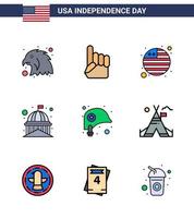 conjunto de 9 iconos del día de los ee.uu. símbolos americanos signos del día de la independencia para la protección de la bandera de la cabeza punto de referencia blanco elementos de diseño del vector del día de los ee.uu. editables