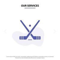 nuestros servicios emblema hockey palo de hielo palos icono de glifo sólido plantilla de tarjeta web vector