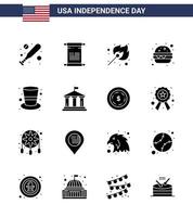 Group of 16 Solid Glyphs Set for Independence day of United States of America such as magic hat cap fire american fast food Editable USA Day Vector Design Elements