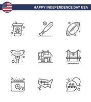 Set of 9 Modern Lines pack on USA Independence Day usa elephent ball sausage food Editable USA Day Vector Design Elements