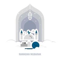 Ramadan Kareem islamic design crescent moon and mosque dome silhouette with arabic pattern and calligraphy vector