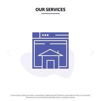 nuestros servicios inicio vender página de diseño web sitio web icono de glifo sólido plantilla de tarjeta web vector