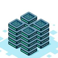 Isometric set server equipment. Computer storage or farming workstation. Datacenter storage room objects. Blockchain server concept. Vector illustration