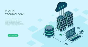 Isometric cloud technology with datacenter and laptop. Web hosting concept. Cloud technology computing concept. Modern cloud technology. Vector illustration