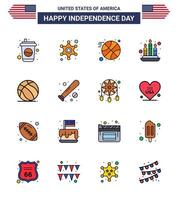 Set of 16 Vector Flat Filled Lines on 4th July USA Independence Day such as usa ball basketball football fire Editable USA Day Vector Design Elements
