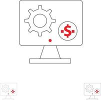 configuración de la pantalla del monitor del generador engranaje dinero conjunto de iconos de línea negra en negrita y delgada vector