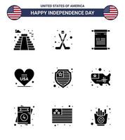 Set of 9 Modern Solid Glyphs pack on USA Independence Day protection usa scroll american heart Editable USA Day Vector Design Elements