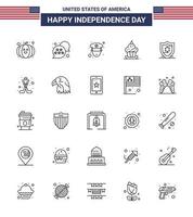 paquete de 25 líneas creativas de escudo relacionadas con el día de la independencia de estados unidos oficial estadounidense muffin de acción de gracias elementos de diseño vectorial editables del día de estados unidos vector