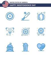 conjunto de 9 iconos del día de estados unidos símbolos americanos signos del día de la independencia para insignia estrella policía estadounidense frankfurter elementos de diseño de vector de día de estados unidos editables