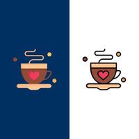 taza café té amor iconos plano y línea llena conjunto de iconos vector fondo azul