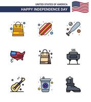 9 iconos creativos de estados unidos signos de independencia modernos y símbolos del 4 de julio de bolso americano bolsa de murciélago acción de gracias elementos de diseño vectorial editables del día de estados unidos vector