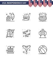 Pack of 9 USA Independence Day Celebration Lines Signs and 4th July Symbols such as buntings wedding shield usa invitation Editable USA Day Vector Design Elements