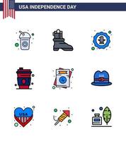 9 USA Flat Filled Line Signs Independence Day Celebration Symbols of love usa bird juice alcohol Editable USA Day Vector Design Elements